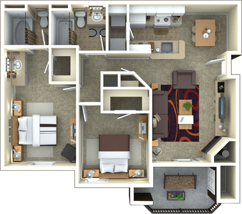 Floor plan for 2 beds, 2 baths, 1136 sqft